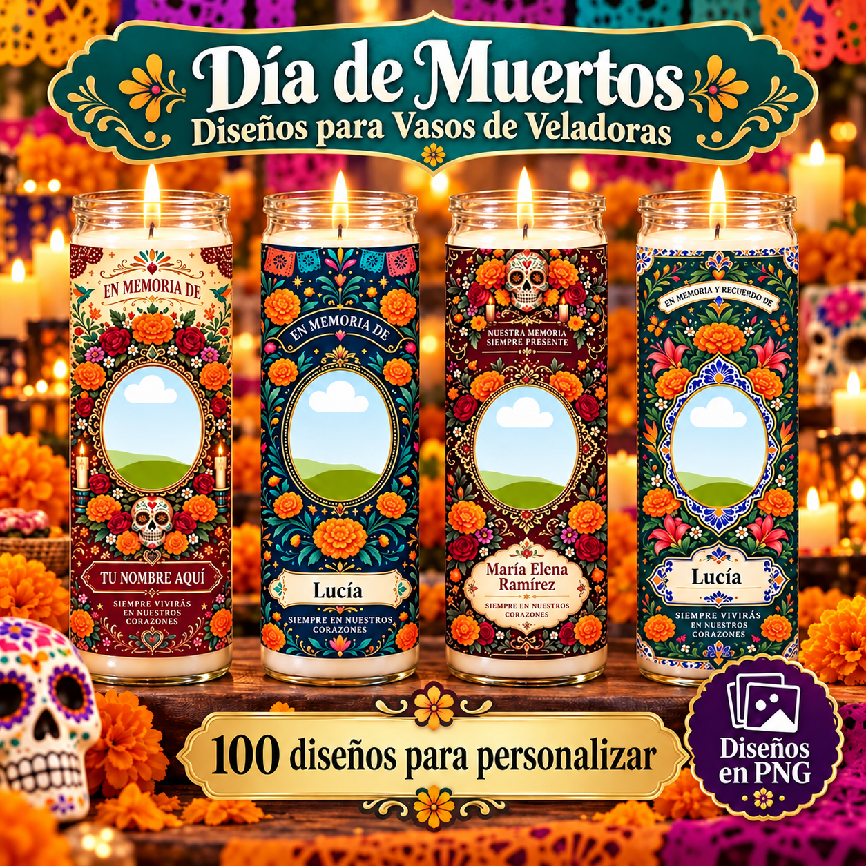 Plantilla 100 Veladoras Dia de Muertos